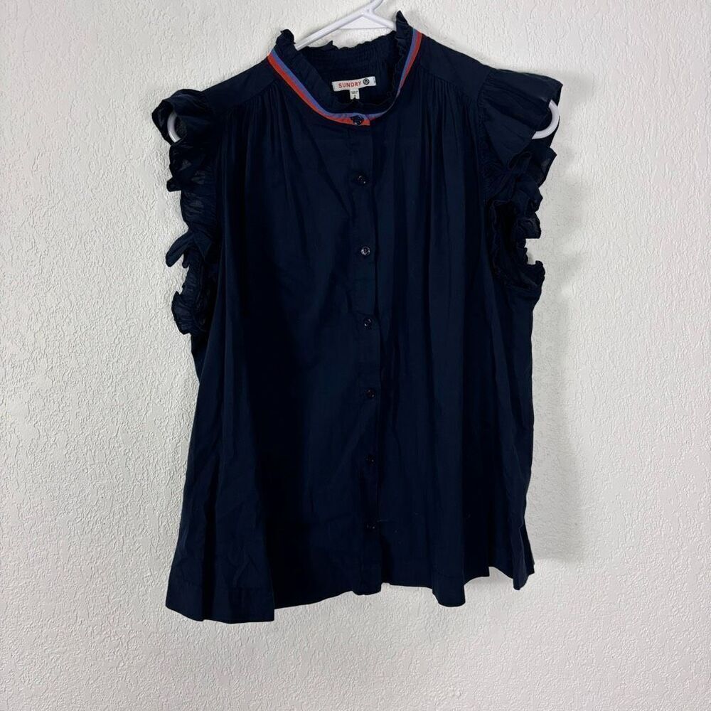 Sundry Women's Blue Ruffle Sleeve Button Front Sleeveless Top Size Large